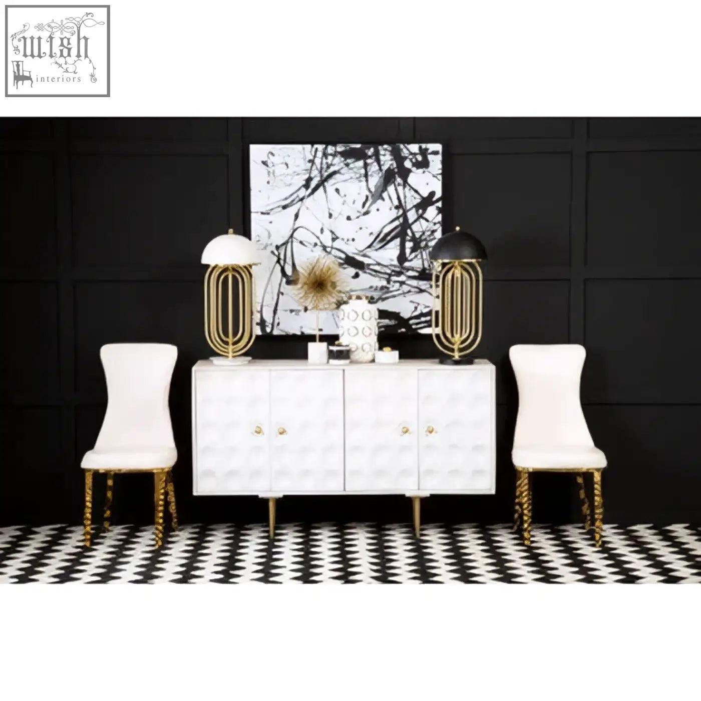 White and gold modern sideboard with quilted paneling and brass hardware featuring gold finish stainless steel legs