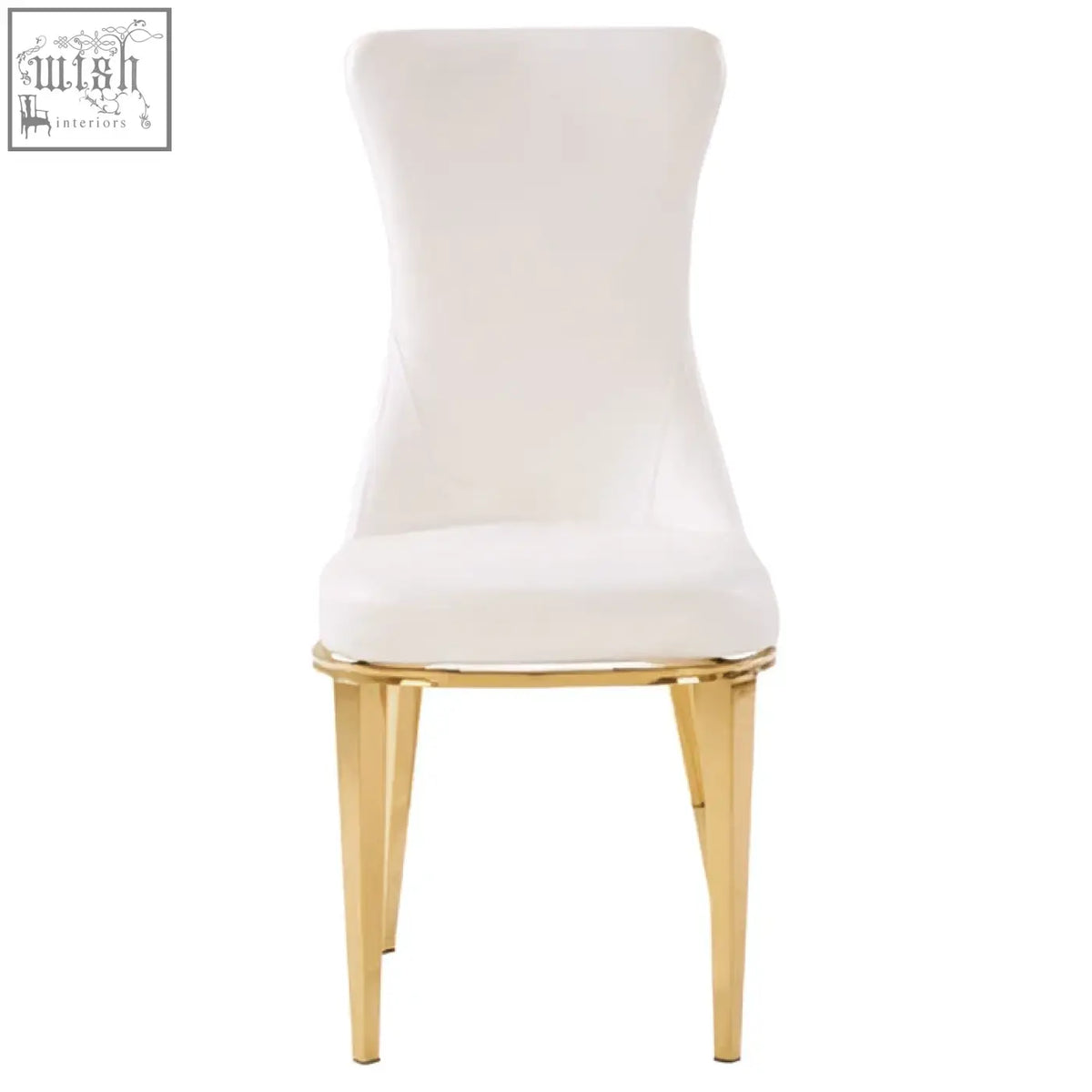 Forli white dining chair with white upholstery and gold finish stainless steel legs perfect for dining rooms