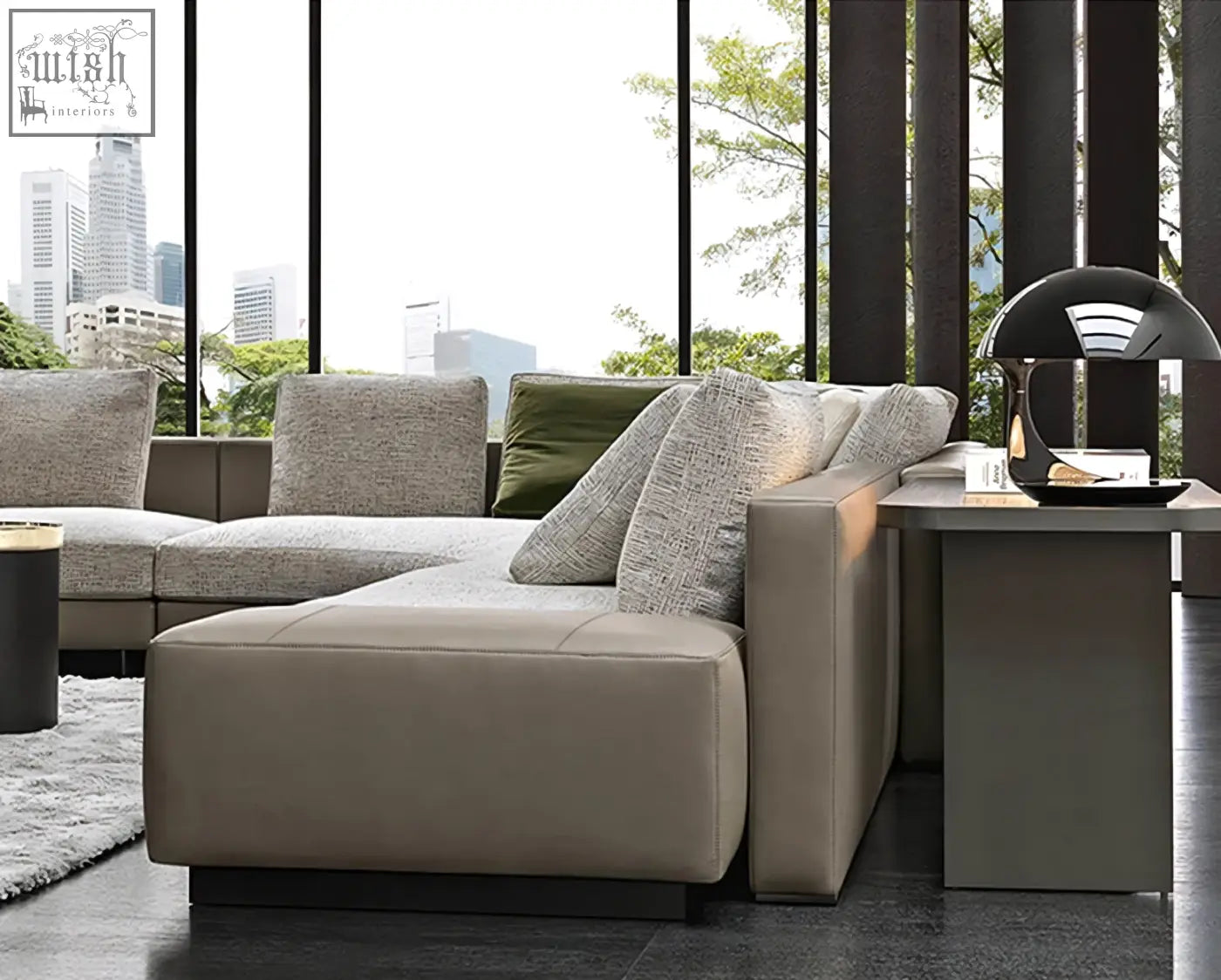 Modern beige leather foster four seater corner sofa with textured gray and olive green throw pillows shipping cost info