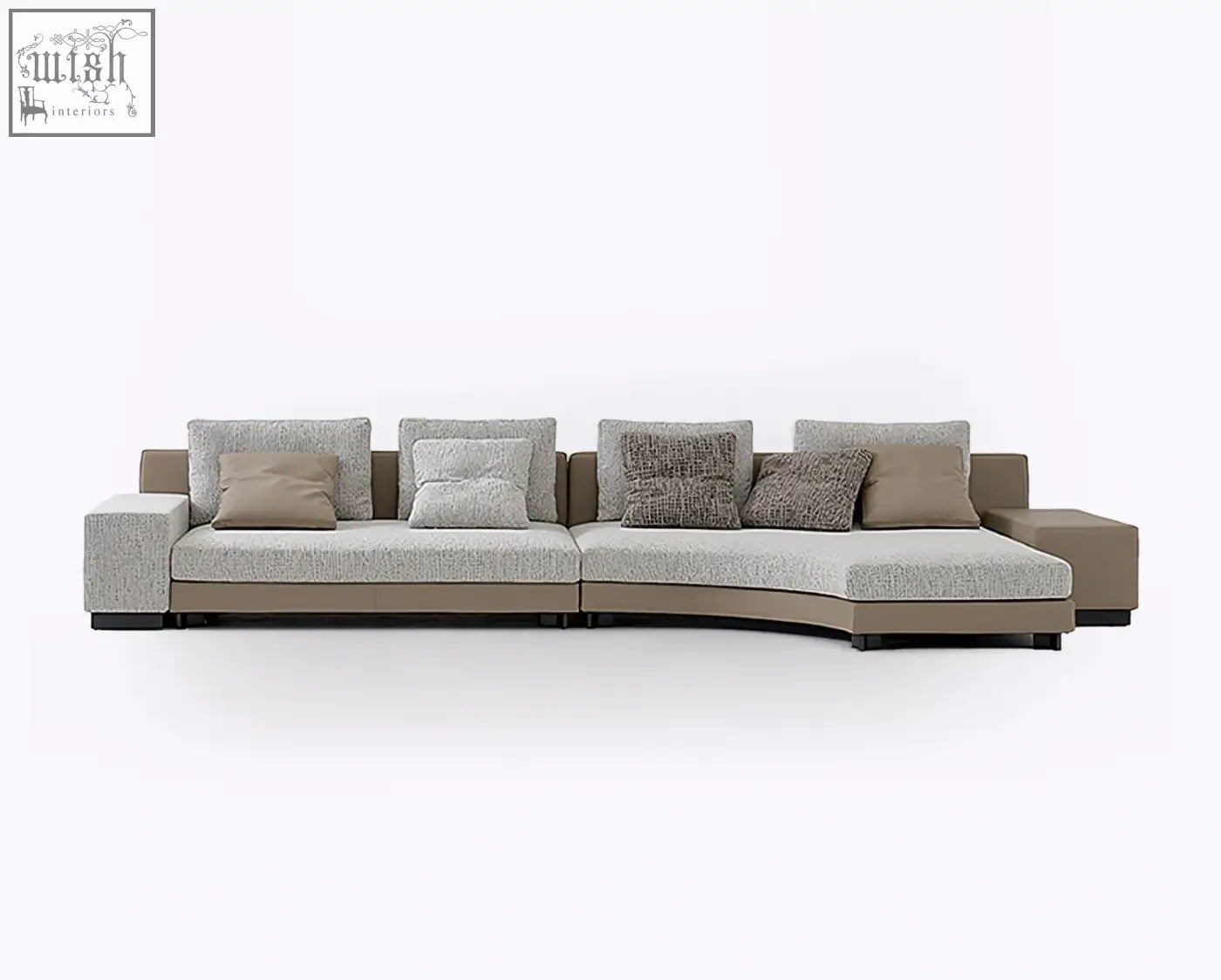 Modern curved foster four seater corner sofa in textured gray linen with taupe and beige throw pillows, perfect four seater corner sofa with low shipping cost