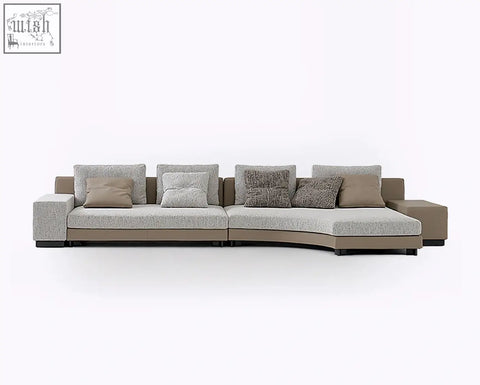 Modern curved foster four seater corner sofa in textured gray linen with taupe and beige throw pillows, perfect four seater corner sofa with low shipping cost