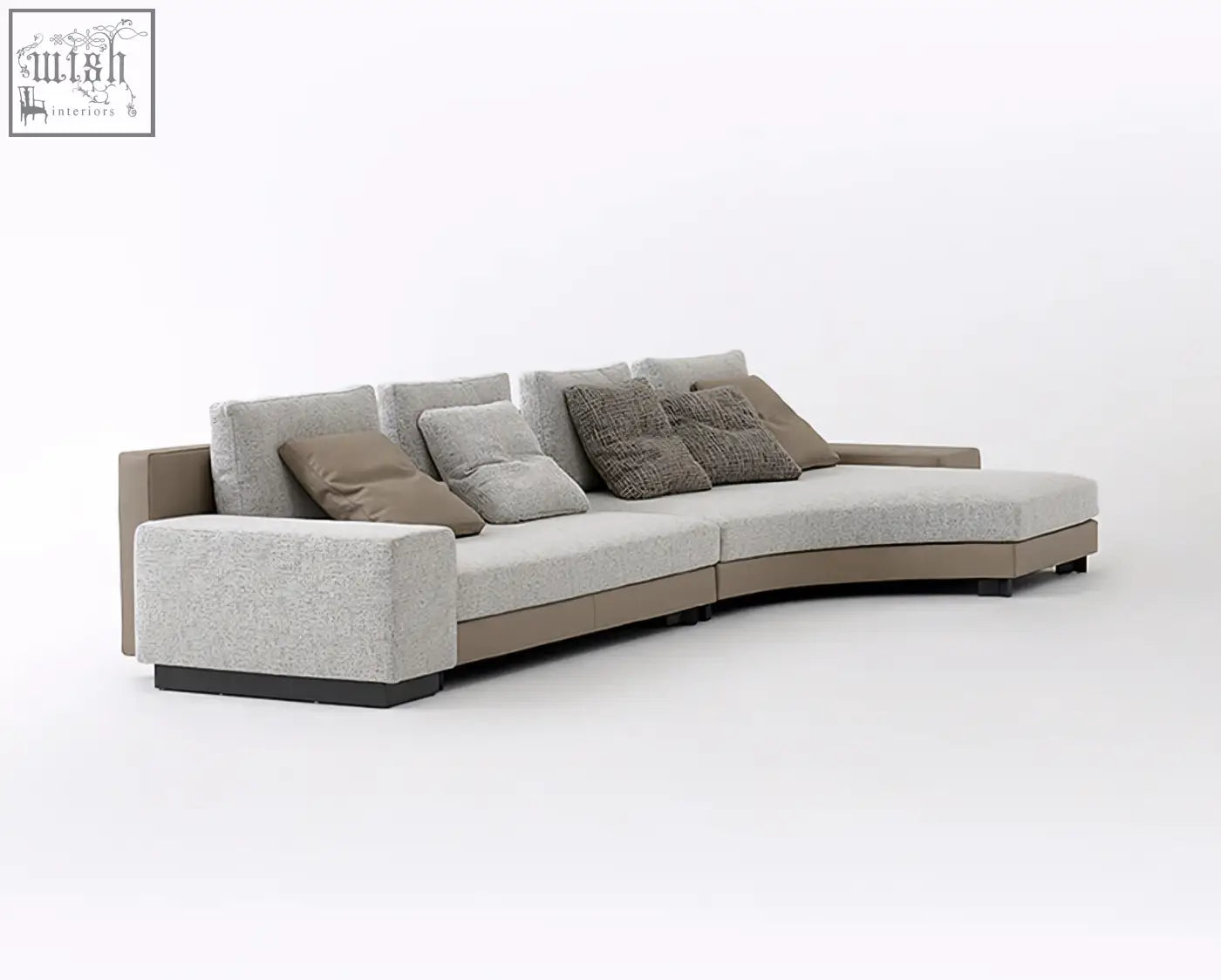 Modern curved foster four seater corner sofa in light gray linen with taupe and dark brown pillows perfect for shipping cost info