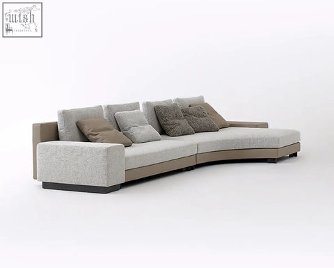 Modern curved foster four seater corner sofa in light gray linen with taupe and dark brown pillows perfect for shipping cost info