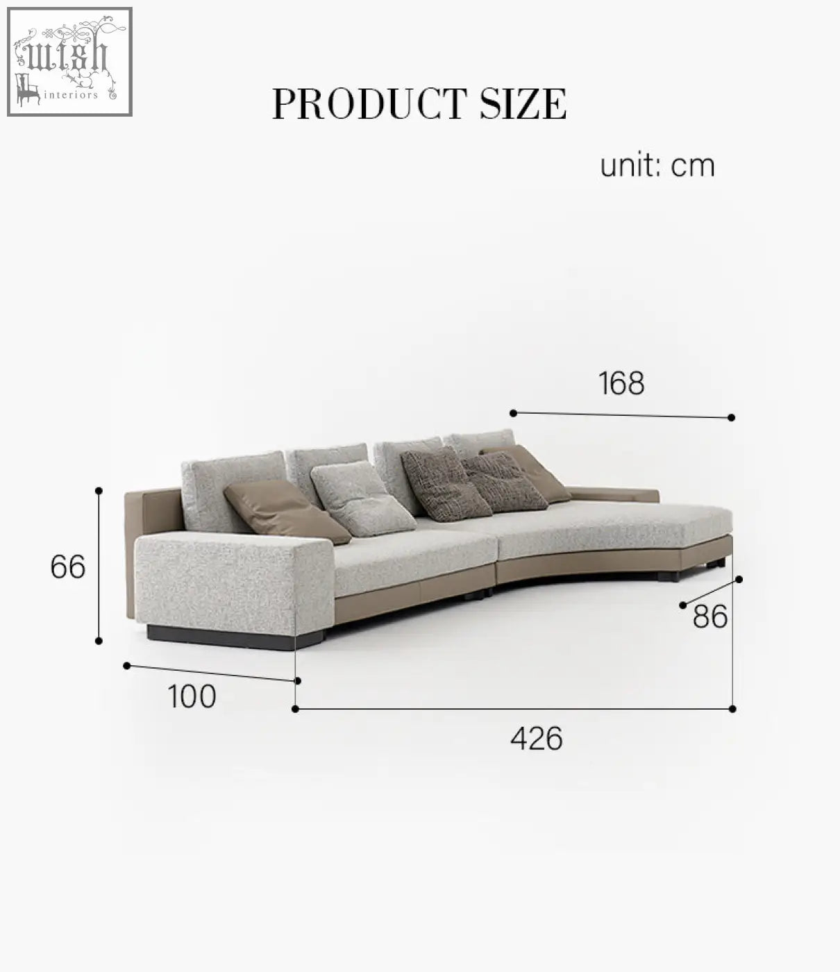 Modern curved foster four seater corner sofa in light gray linen with dark brown wooden frame accents and low shipping cost