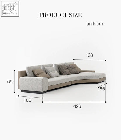 Modern curved foster four seater corner sofa in light gray linen with dark brown wooden frame accents and low shipping cost