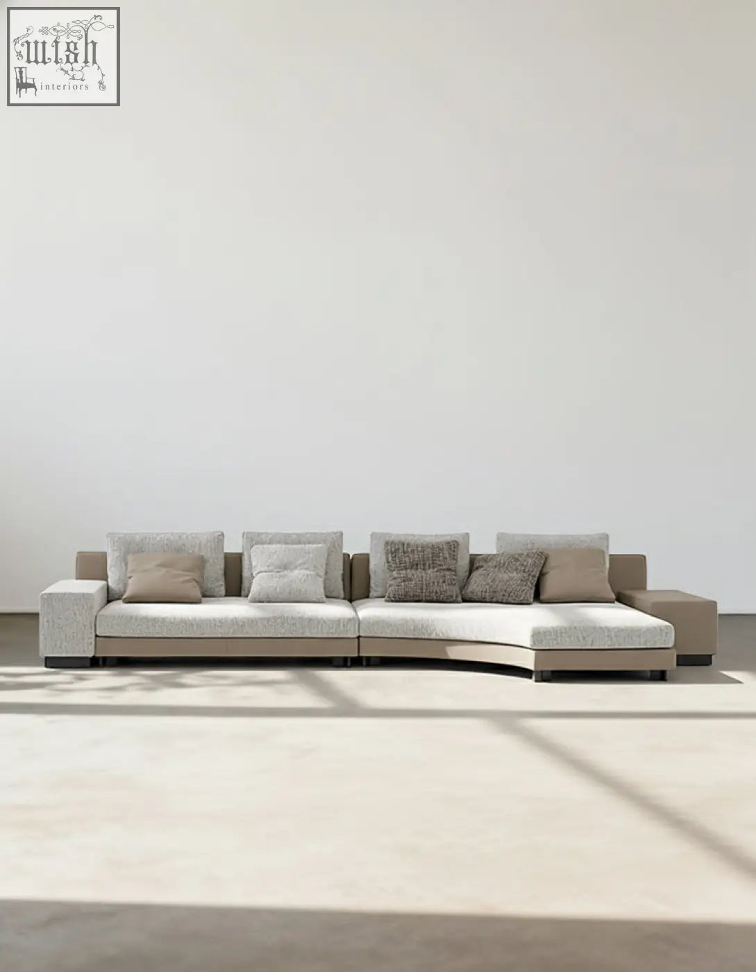 Modern curved foster four seater corner sofa in light gray linen fabric with beige throw pillows perfect for living rooms shipping cost applies