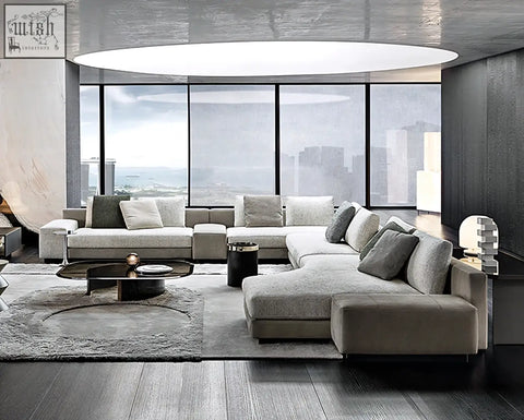 Modern gray linen foster four seater corner sofa with plush cushions and sleek minimalist seater corner design shipping cost info