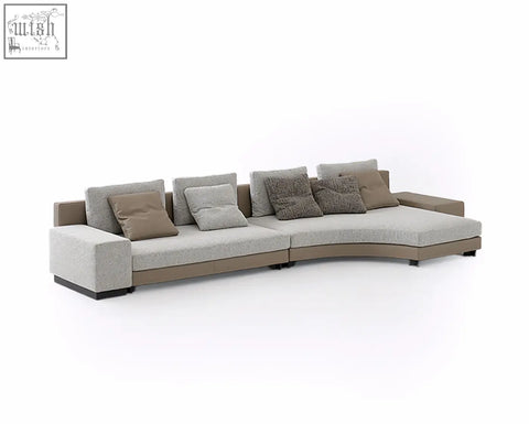 Foster four seater corner sofa with light gray linen fabric and brown leather armrests perfect for a four seater corner setup
