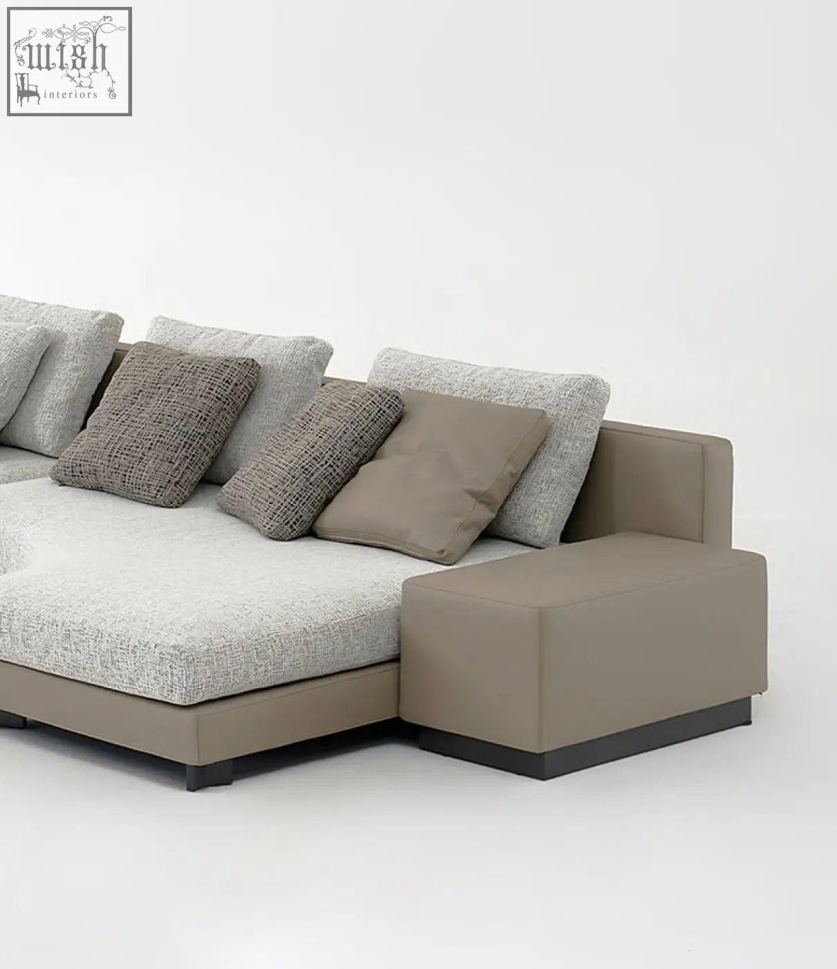 Modern four seater corner sofa foster with beige and gray linen fabric and sleek modular design for easy shipping cost