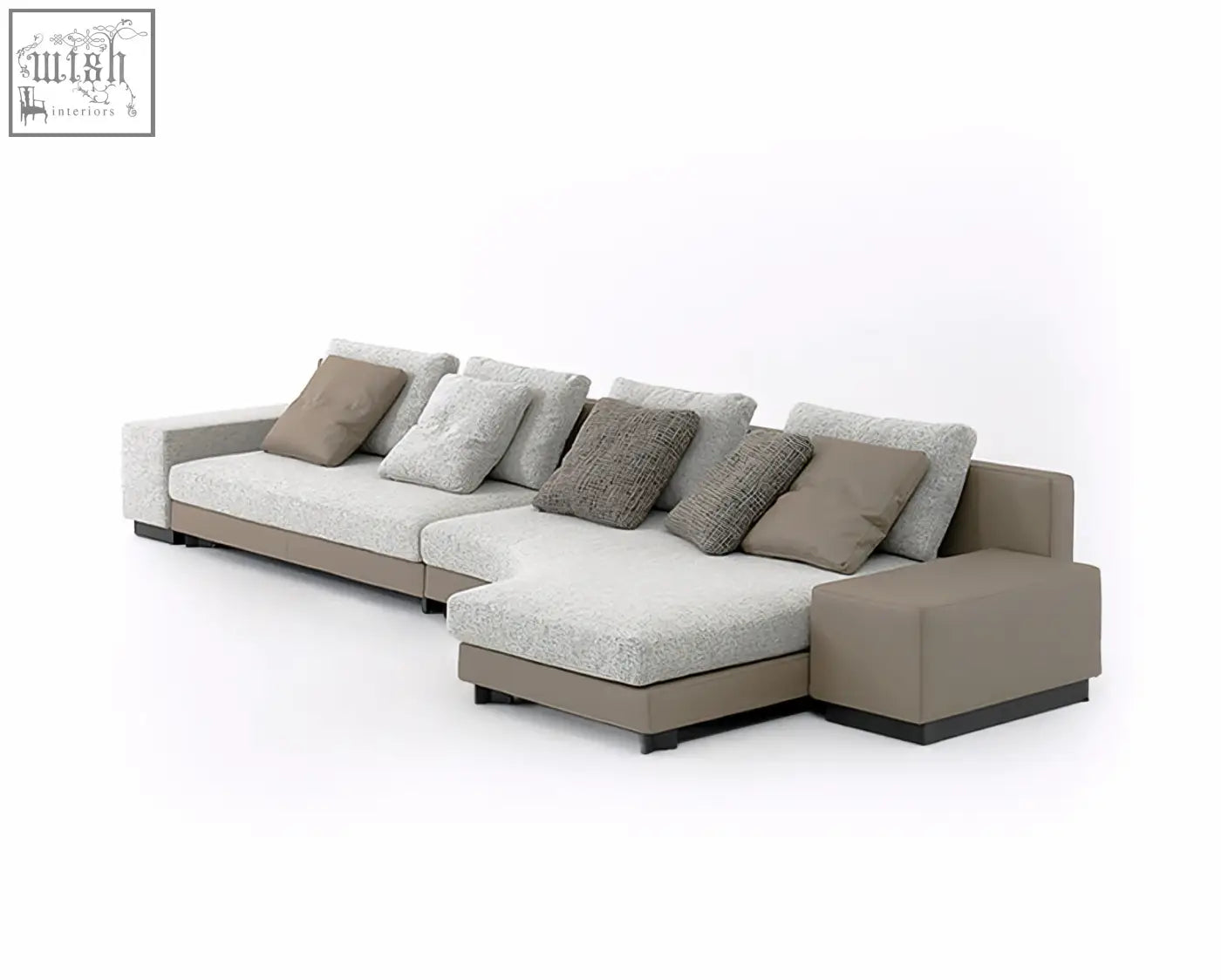 Foster four seater corner sofa in light gray fabric with beige leather accents and neutral throw pillows, perfect for any living space