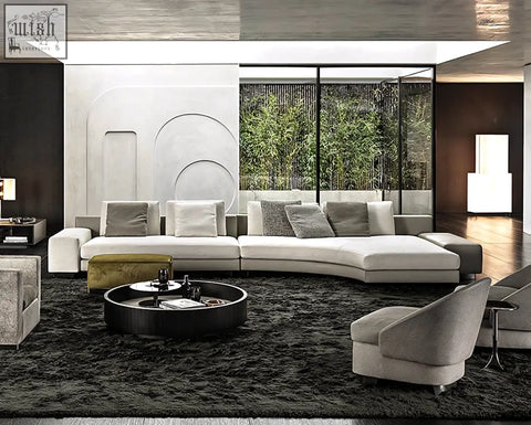 Modern white foster four seater corner sofa with sleek curved design and plush gray linen cushions with low shipping cost
