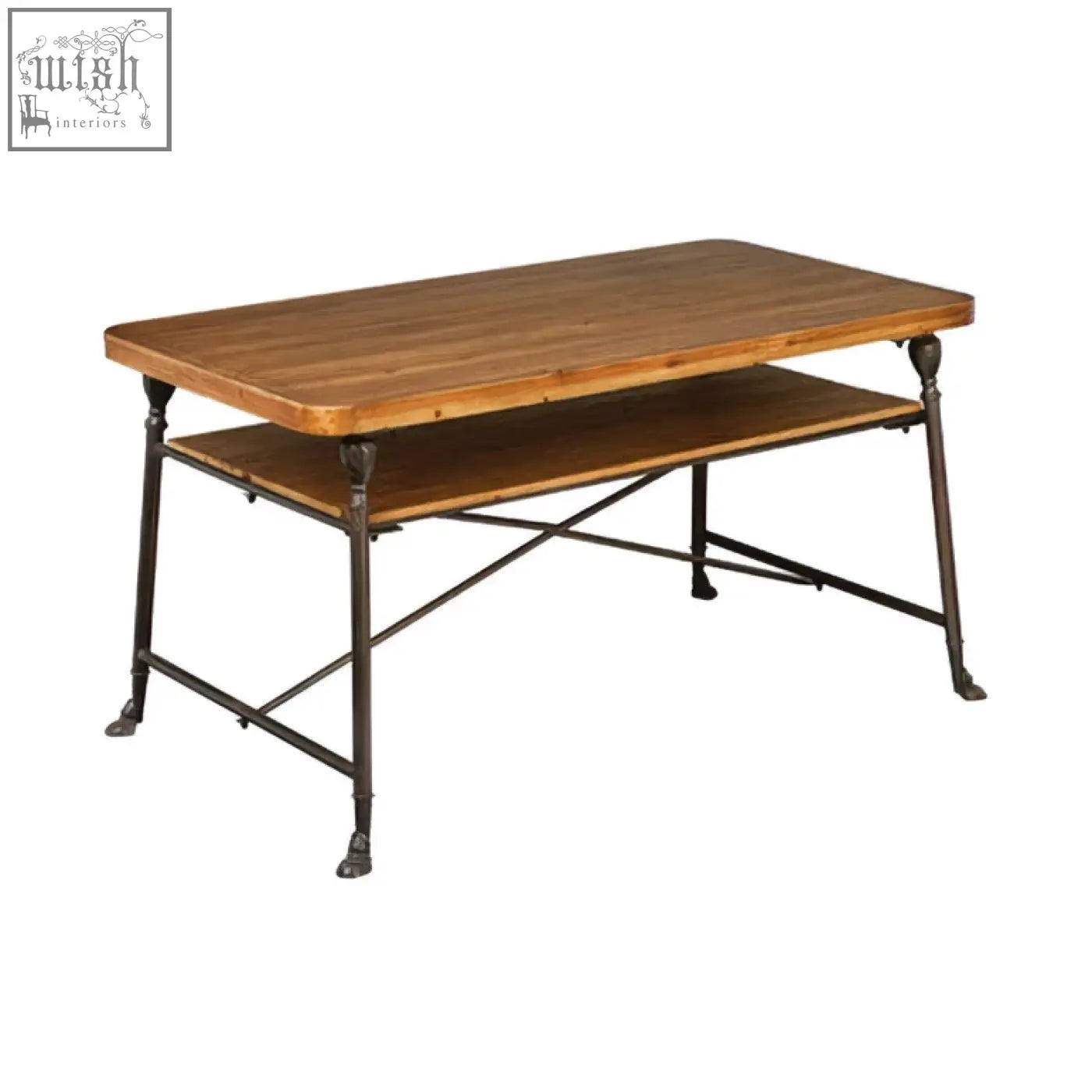 Industrial-style foundry fir wood dining table with warm brown wooden top and dark metal claw-footed legs and shelf