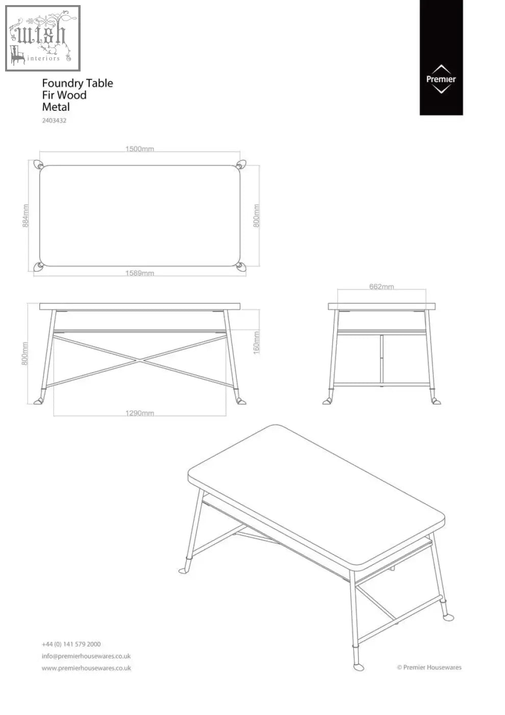 Foundry fir wood dining table with metal legs and cross-braced frame features a sturdy fir wood dining top and shelf