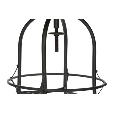 Black metal cage pendant light with curved arches and circular base complements foundry round table with adjustable height and rounded edges