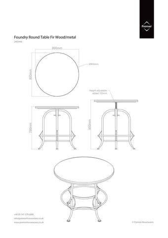 Foundry round top table with adjustable height, circular fir wood top, rounded edges, and sturdy metal frame