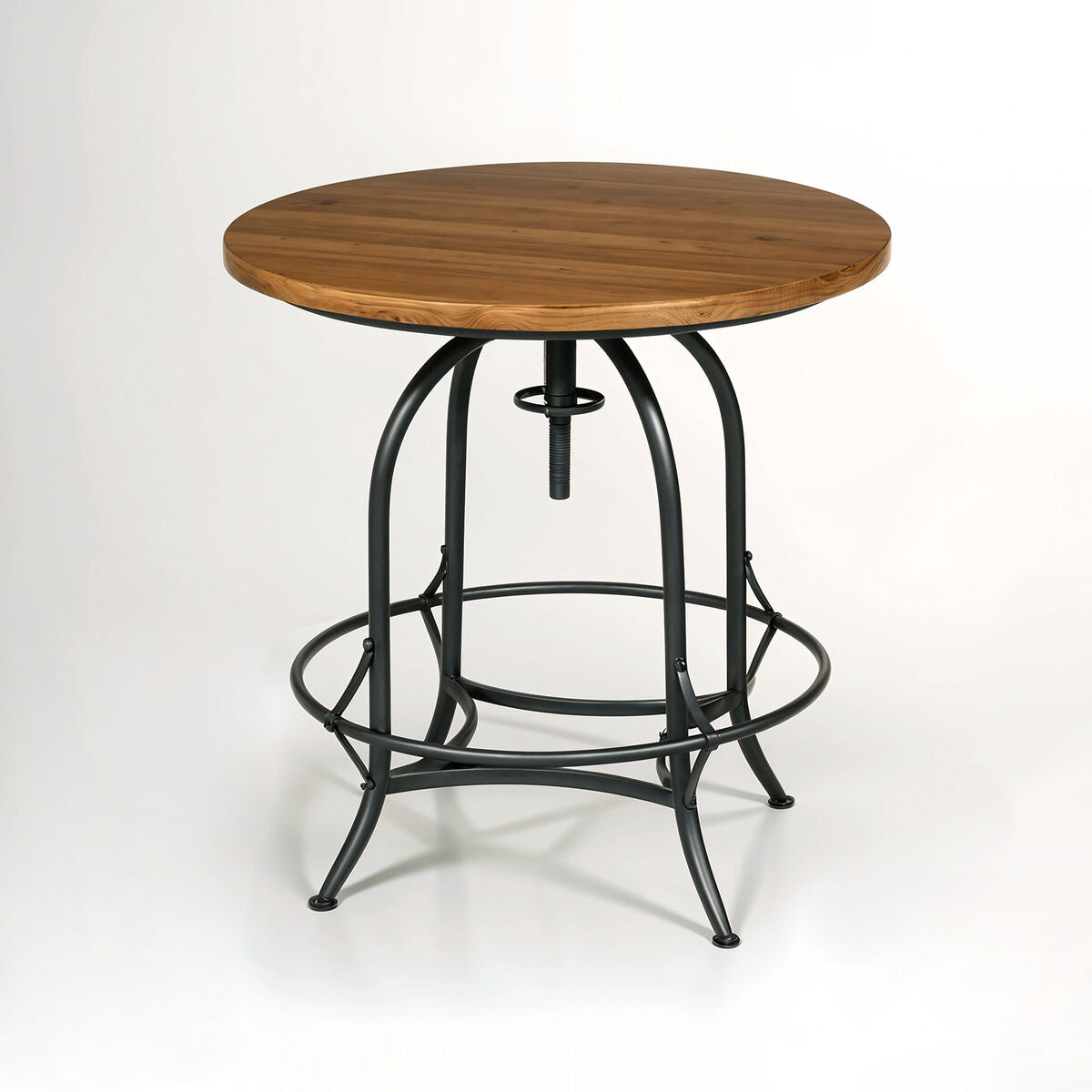 Foundry round top table with adjustable height black metal frame and round wooden tabletop with rounded edges