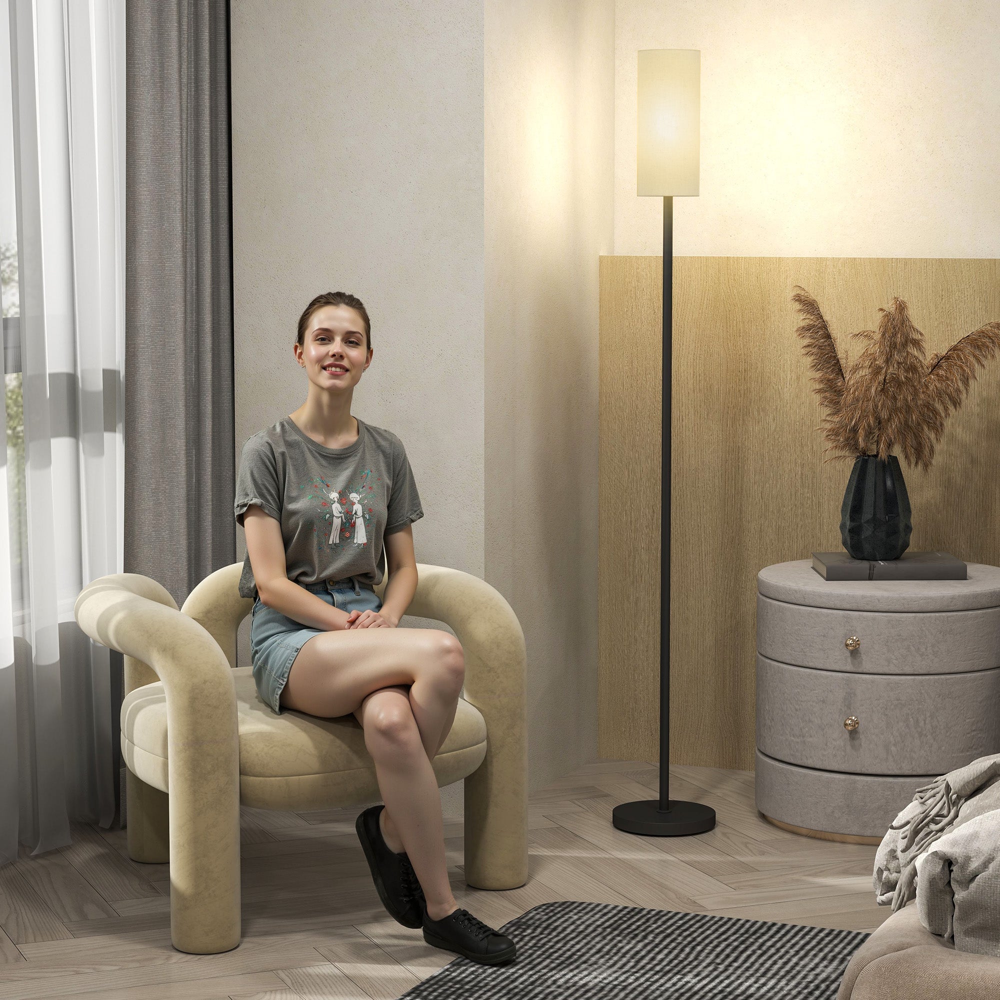 HOMCOM Floor Lamp for Living Room, Modern Standing Lamp with Linen Shade & Foot Switch, Minimalist Tall Pole Lampshade for Bedroom, Office, White