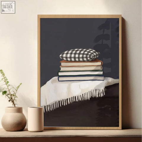 Framed 3 piece wall art featuring a grey still life of books with a checkered pillow perfect for a reading nook wall art