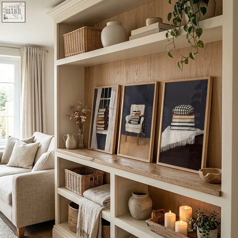 Three piece wall art set with minimalist grey prints featuring a cozy reading nook with books and a white armchair
