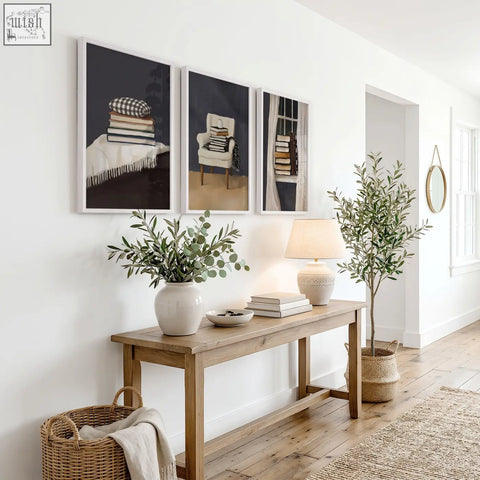 Light beige ceramic table lamp with soft linen shade perfect for a cozy reading nook with framed 3 piece wall art