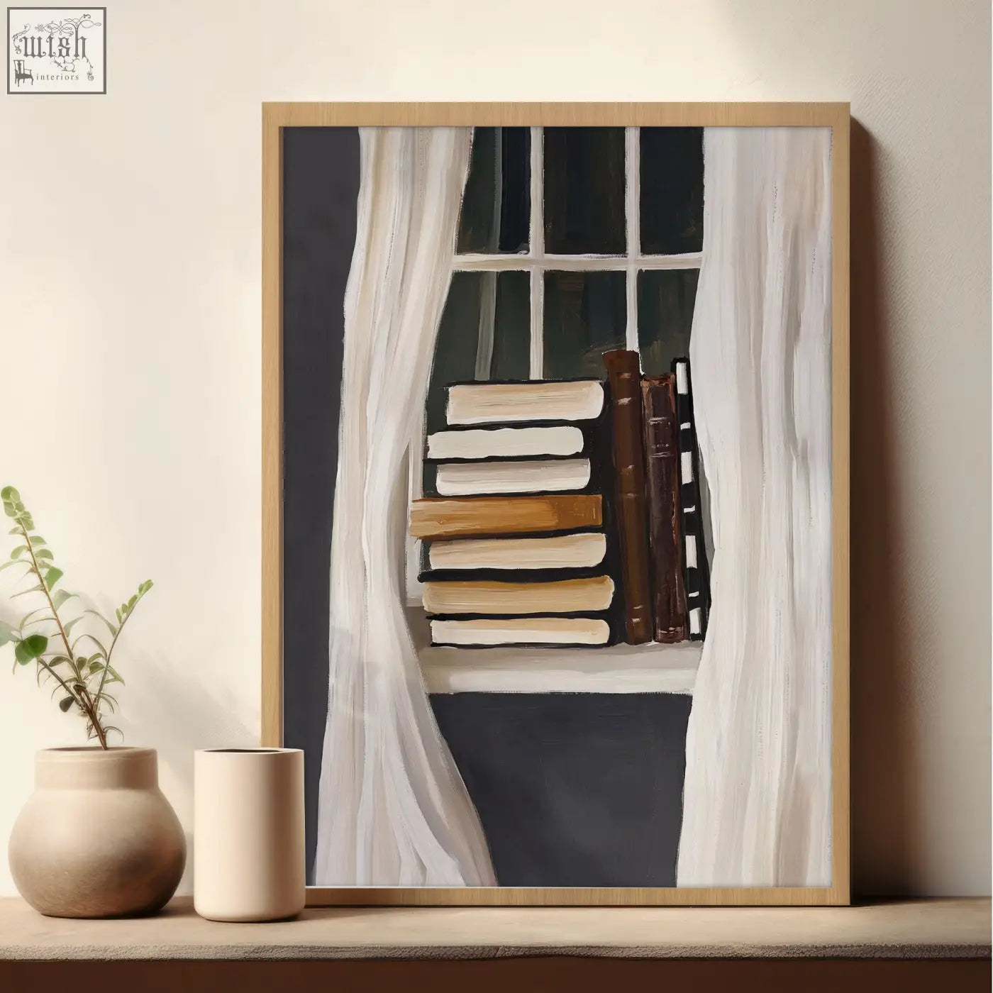 Framed 3 piece wall art with a reading nook scene featuring white curtains and books in soft earth tones