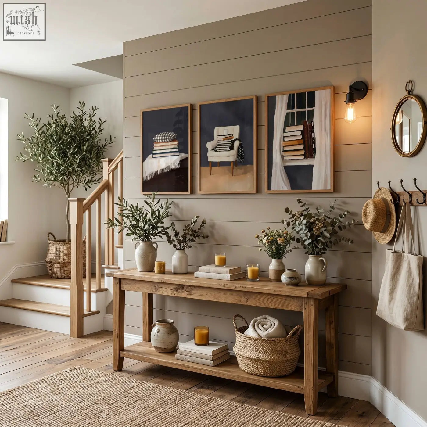 Rustic wooden console table with natural finish and two shelves styled with vases and baskets near framed 3 piece wall art for a cozy reading nook
