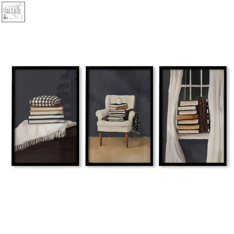 Set of three black-framed wall art pieces featuring cozy book lover reading nook scenes for a bohemian vibe