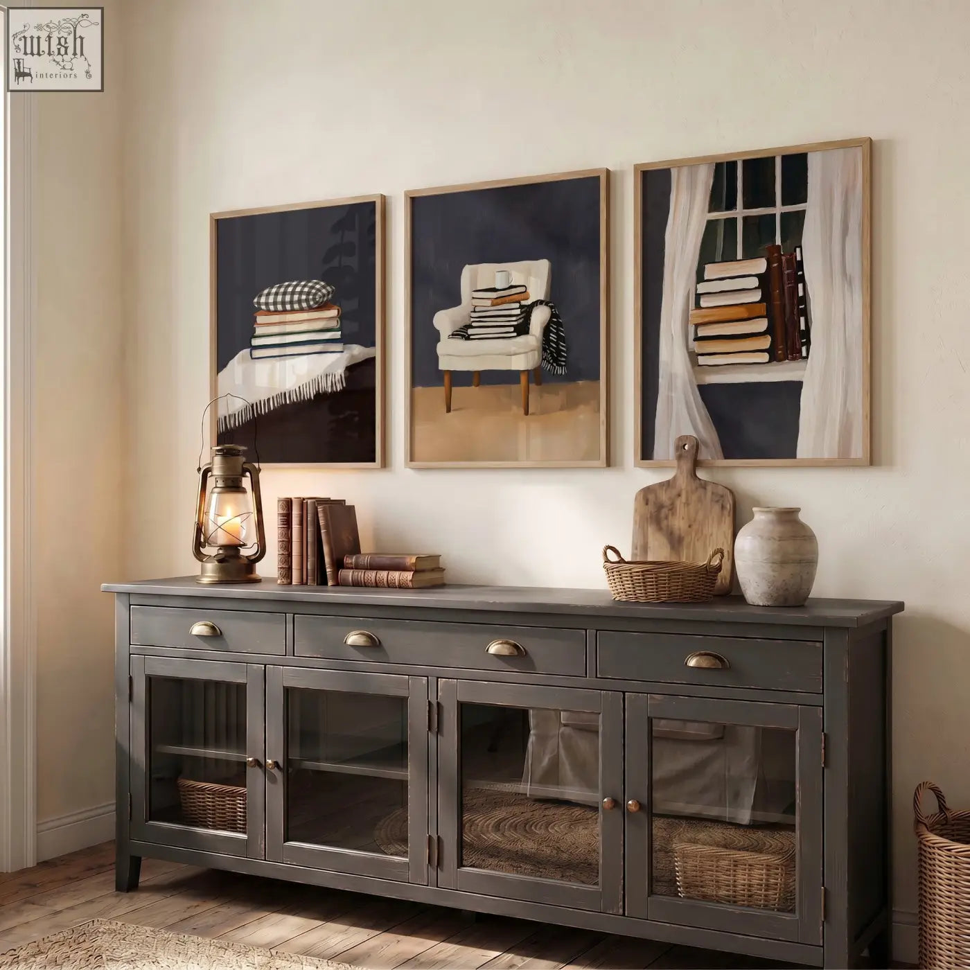 Dark gray wooden sideboard with glass-paneled doors and brass handles perfect for organizing a reading nook wall art display