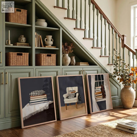 Three framed piece wall art prints with cozy bohemian reading nook scenes in muted grey tones leaning by green cabinet