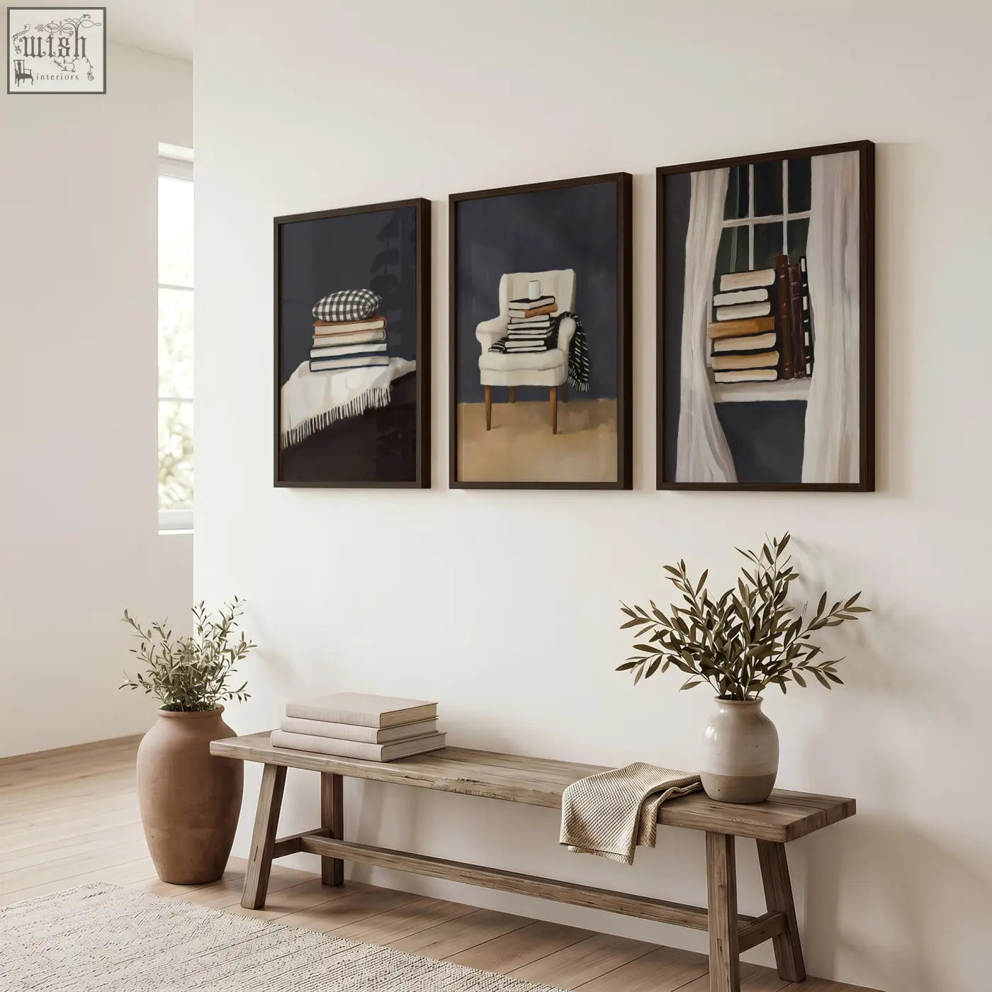 Rustic wooden bench with natural finish and slatted design holding stacked books in bohemian reading nook wall art set