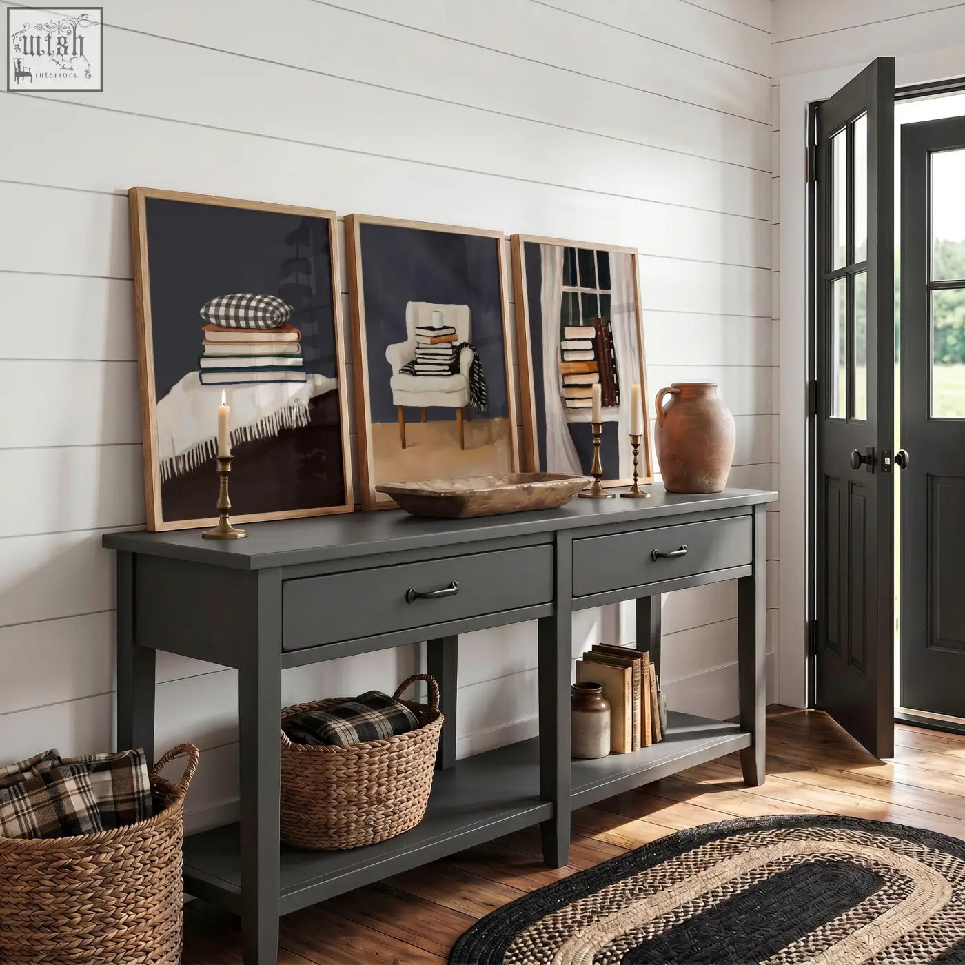 Dark gray painted console table with two drawers and rustic wooden top perfect for a cozy reading nook wall art setup