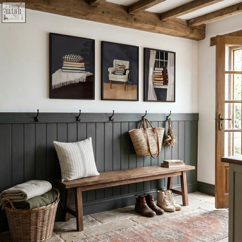 Rustic wooden bench with striped pillow and woven baskets in grey bohemian reading nook wall art set of 3 pieces