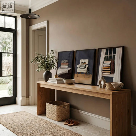 Light brown wooden console table with minimalist design and open storage in a bohemian reading nook wall art setup