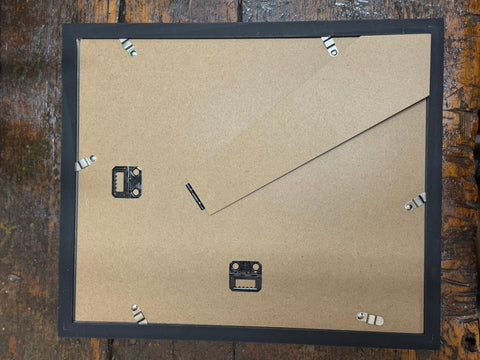 Black rectangular picture frame with brown cardboard backing and metal hanger for 1920s medical book plate wall art