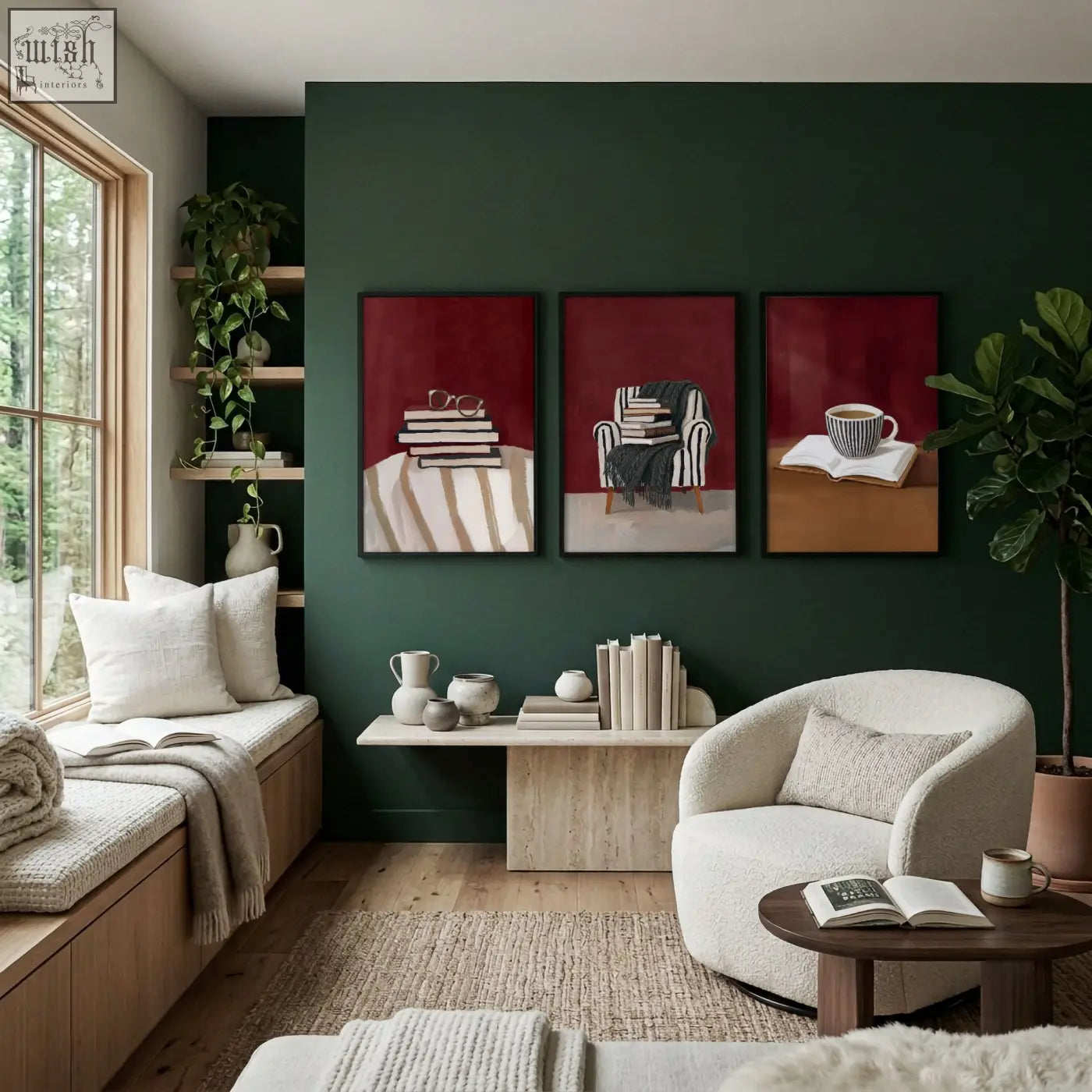 White upholstered armchair with textured fabric and matching cushion in a burgundy reading nook for book lovers living room