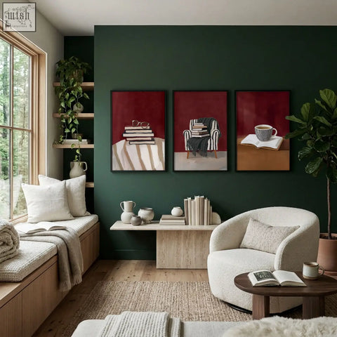 White upholstered armchair with textured fabric and matching cushion in a burgundy reading nook for book lovers living room