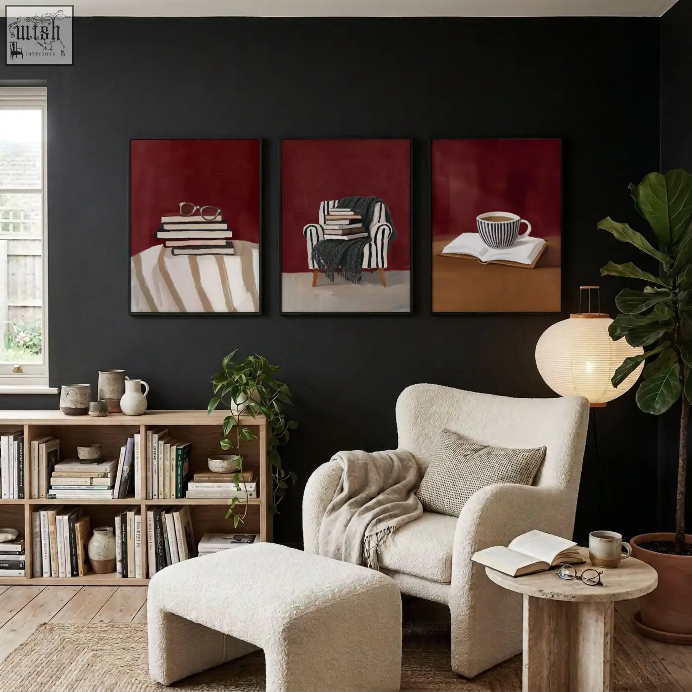 Cream-colored plush shearling armchair with matching ottoman and patterned pillow perfect for living room reading nook for book lover