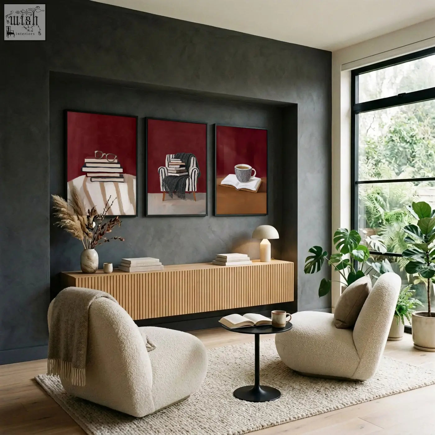 Cream-colored plush upholstered armchairs with modern rounded design perfect for living room or book lover reading nook