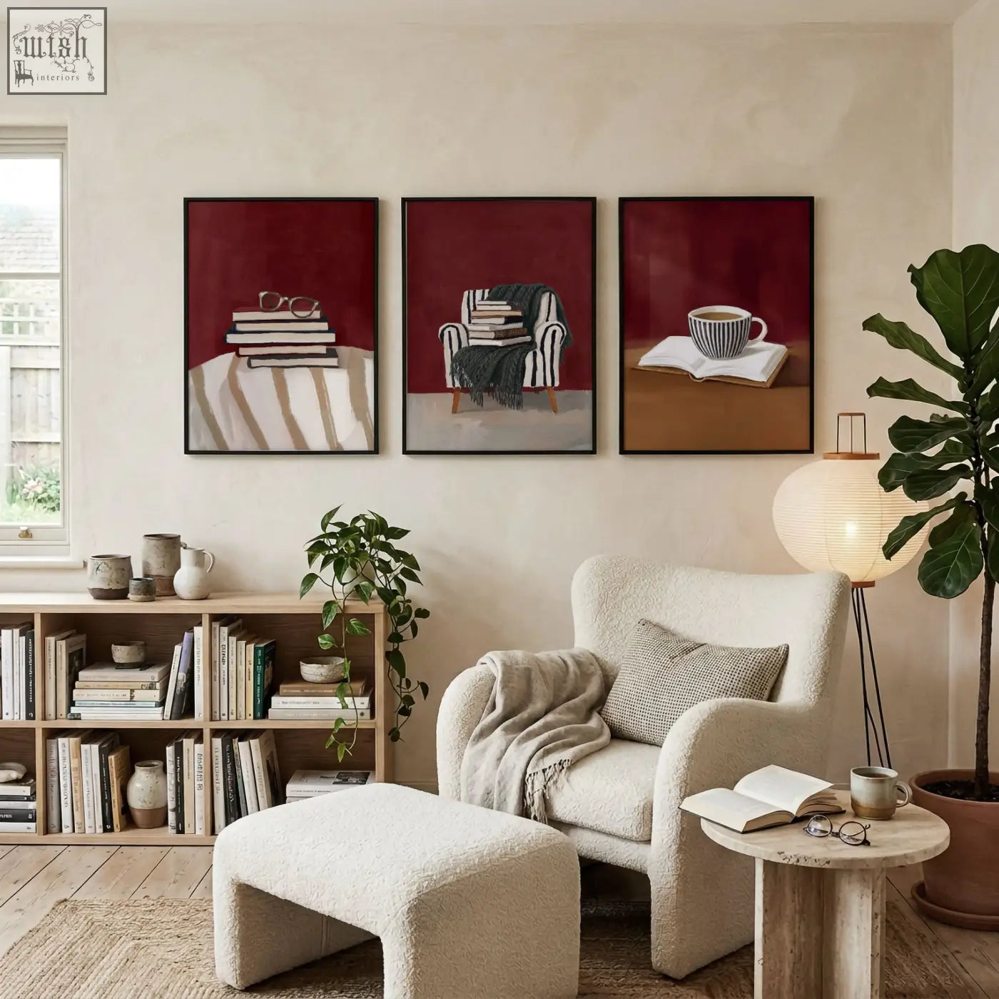Cream-colored plush sheepskin armchair with ottoman and pillow perfect for cozy living room or book lover reading nook