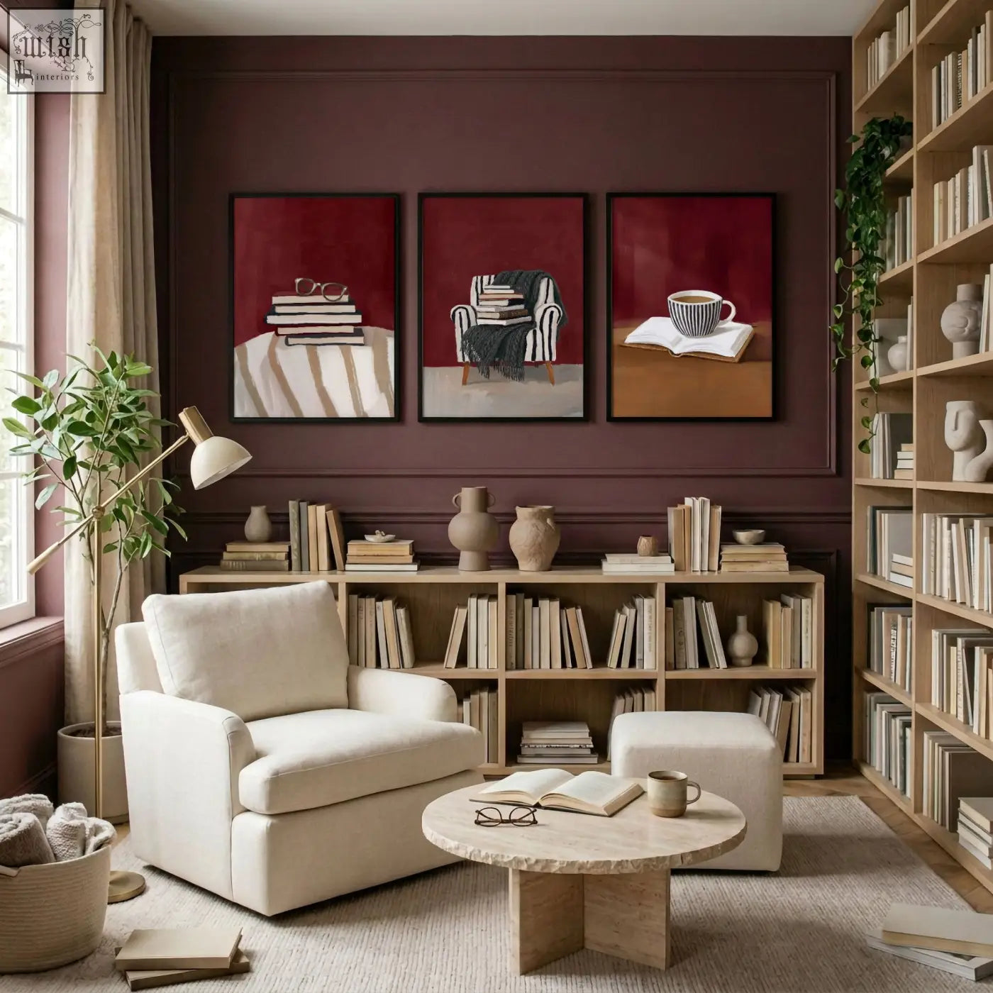 Cream-colored upholstered armchair with plush cushions perfect for a cozy living room reading nook for book lovers