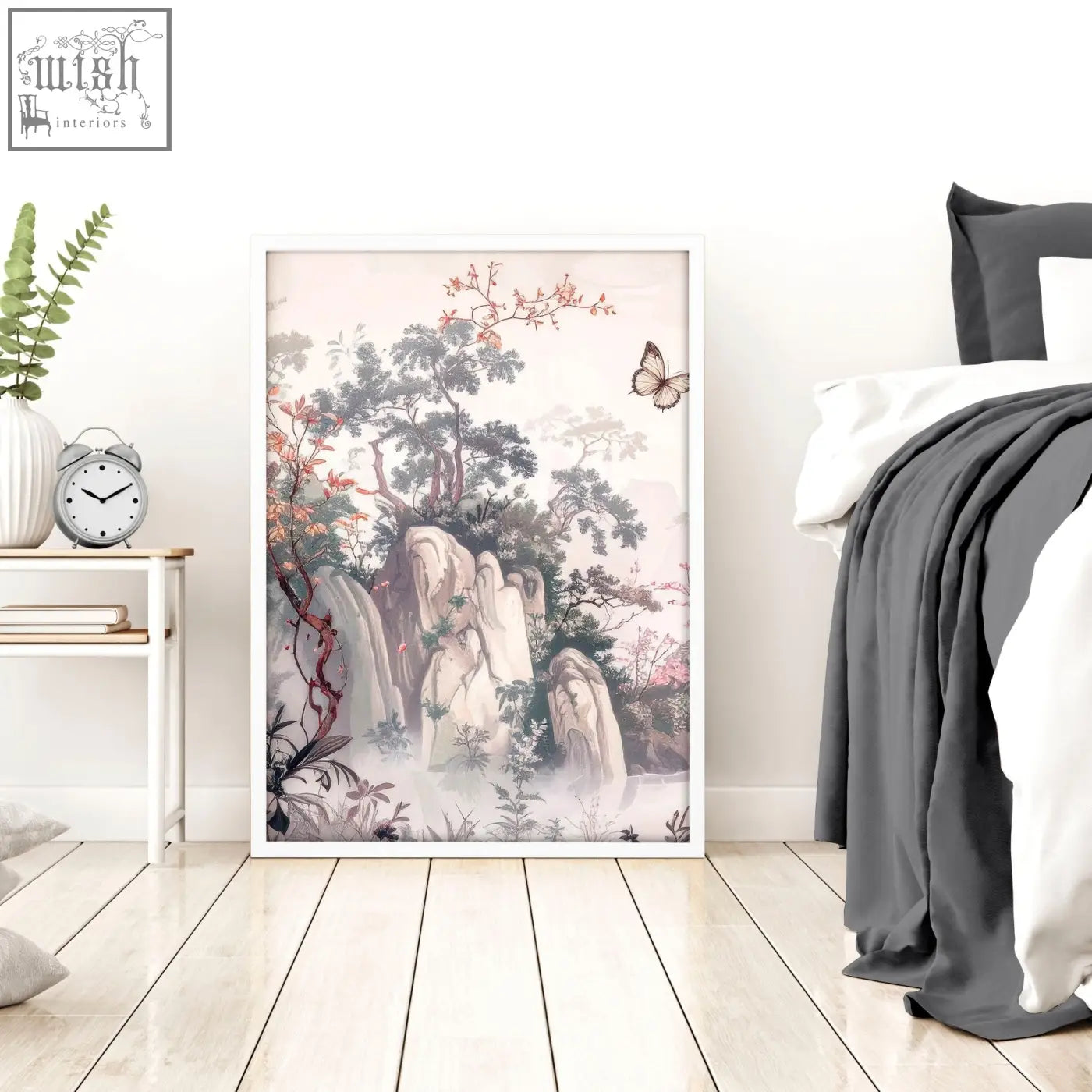 A framed artwork featuring delicate misty pastel landscape with trees rocks and butterfly in chinoiserie wall art set