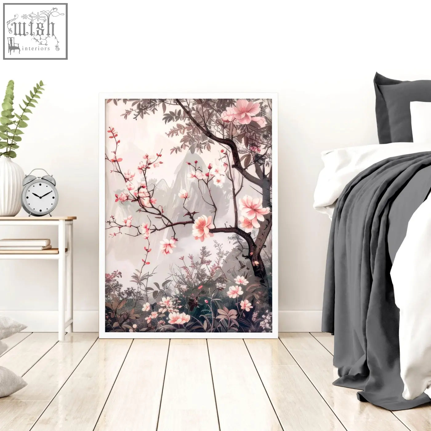 A set of 3 framed artworks featuring delicate pink blossoms and dark branches in chinoiserie wall art style