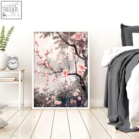 A set of 3 framed artworks featuring delicate pink blossoms and dark branches in chinoiserie wall art style