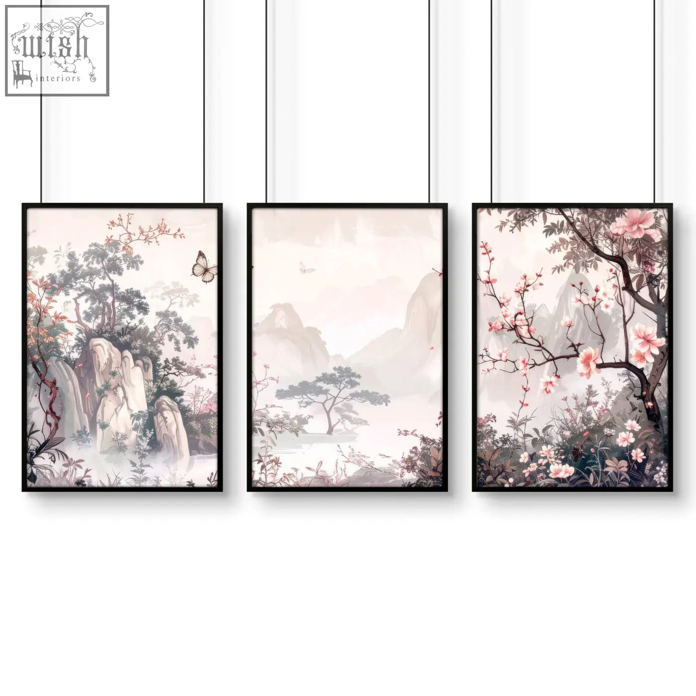 Set of three framed artworks featuring chinoiserie wall art with pink blossoms, misty mountains, and butterflies on pastels