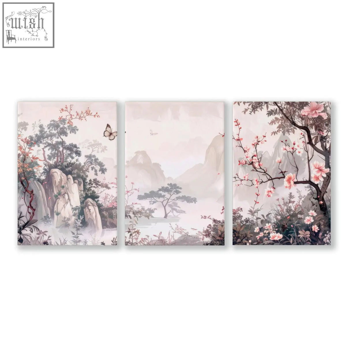 Three-panel framed artworks featuring soft misty chinoiserie wall art with pink blossoms and butterflies on canvas