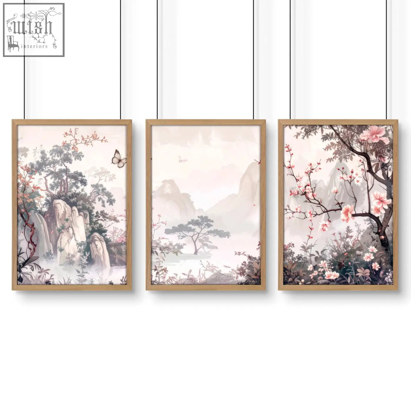 Set of three framed artworks featuring pastel chinoiserie wall art with delicate floral oriental landscape prints