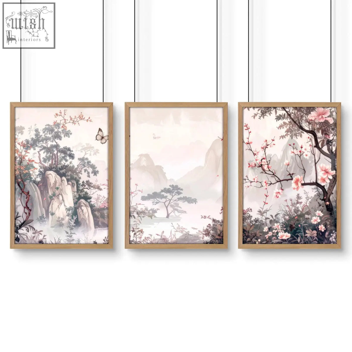 Set of three framed artworks featuring pastel chinoiserie wall art with delicate floral oriental landscape prints