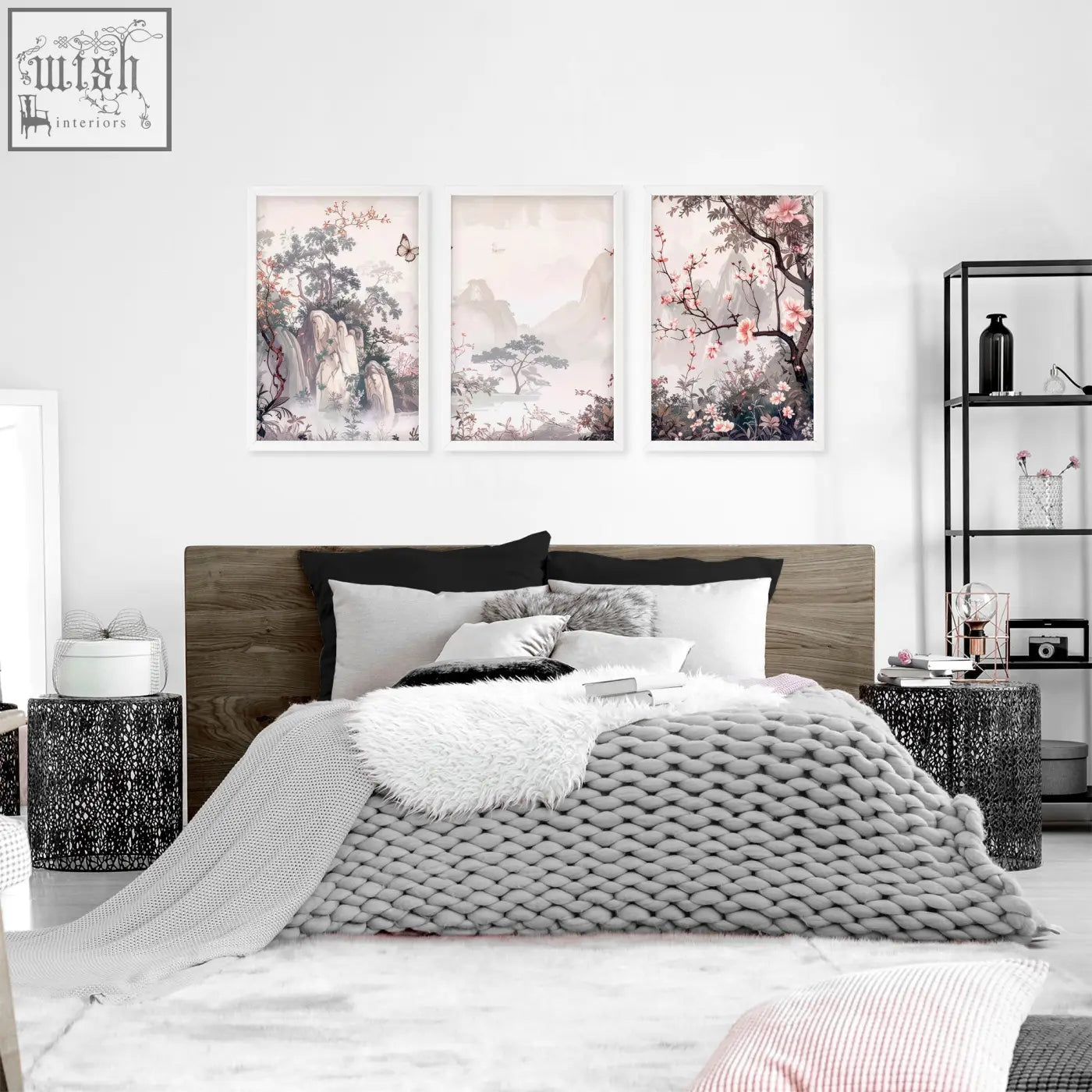 Three framed artworks featuring delicate pink blossoms and misty mountains perfect chinoiserie wall art above bed