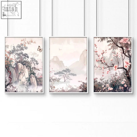 Set of three framed artworks featuring chinoiserie wall art with soft pink blossoms and misty mountains for wall art decor