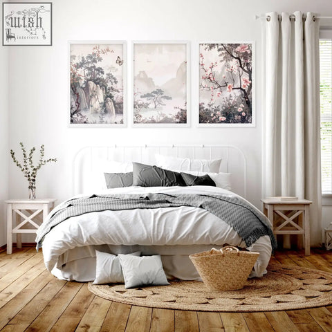 Woven wicker basket with natural tan hue and sturdy fibers complementing framed artworks chinoiserie wall art set